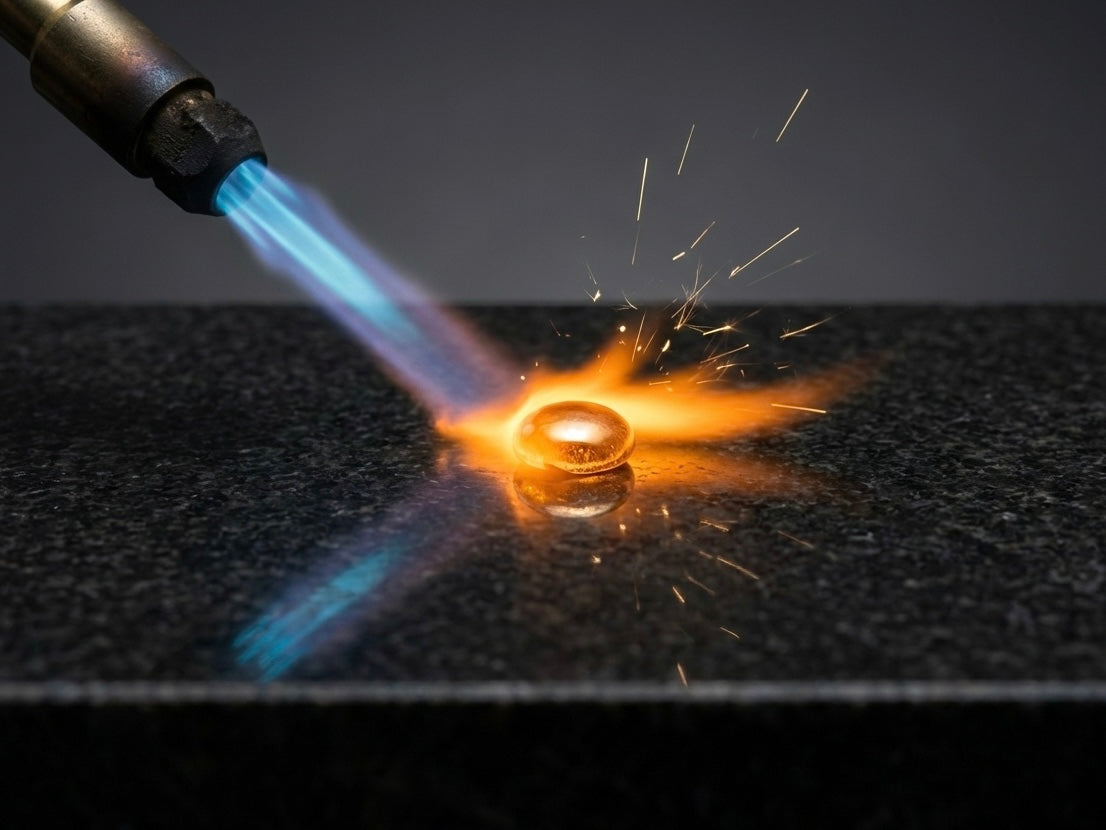 Nahaufnahme eines Goldschmiedebrenners mit blauer Flamme, der alten Schmuck zu einer glühende Goldperle auf einer feuerfesten Unterlage schmilzt, mit feinen Hitze-Funken.