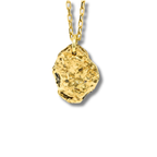 Liminoko Nugget-Anhänger aus Gelbgold an feiner Gliederkette, handgefertigt und nachhaltig aus recyceltem Schmuck, vor neutralem Hintergrund.
