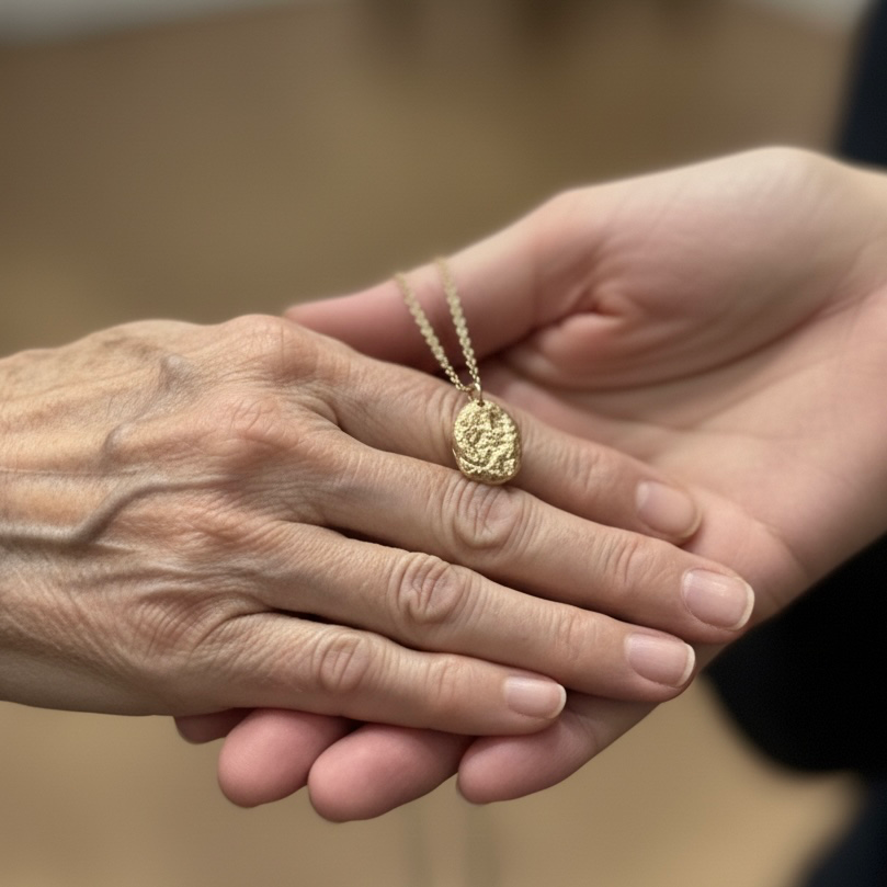 Zwei Hände halten einen Nugget‑Anhänger aus Gelbgold – nachhaltig aus geerbtem Familienschmuck (Altgold) umgearbeitet; Unikat von Liminoko.