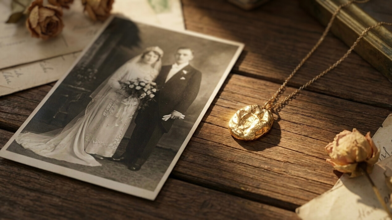 Gelbgoldener Nugget‑Anhänger aus geerbtem Familienschmuck, umgearbeitet zum Unikat von Liminoko, liegend neben dem Hochzeitsfoto der Eltern.