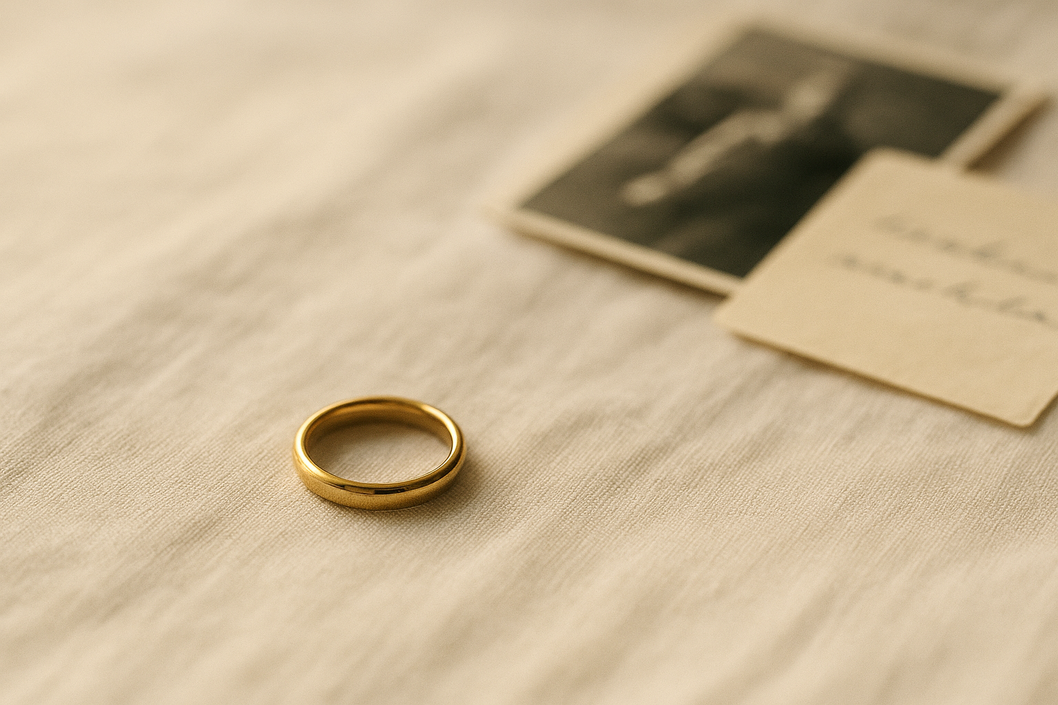 Goldring vor Umwandlung, Basis für Re-Loved Liminoko Nugget-Anhänger, nachhaltig und luxuriös präsentiert auf Stoff mit Foto.